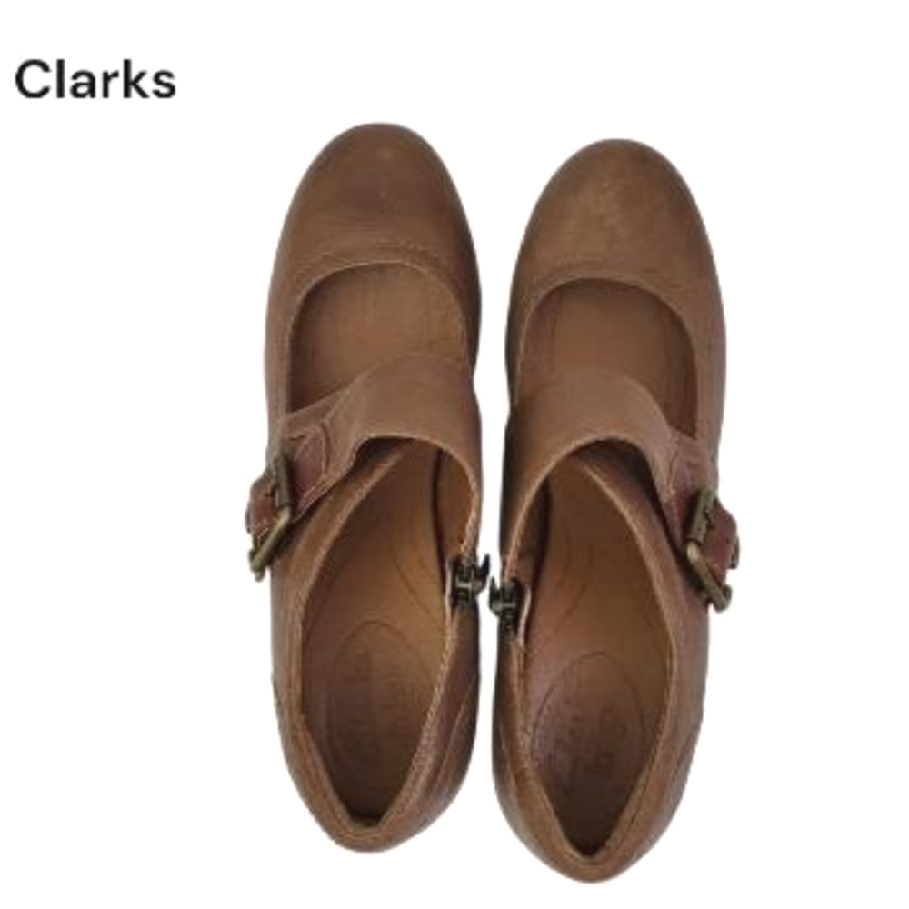 Clarks Leather Town Club Mock Strap Mary Jane High Heel Pump Brown Women 8.5 - Picture 5 of 9
